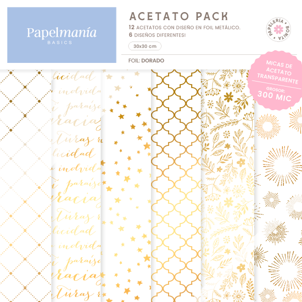 Pack de acetatos con foil dorado de Papelmania Peru